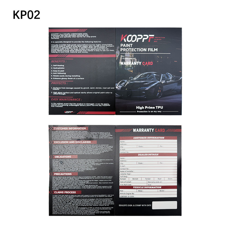 Tarjetas de garantía de marca OEM de automóviles KP02 CAR PPF en inglés Herramienta de marketing esencial